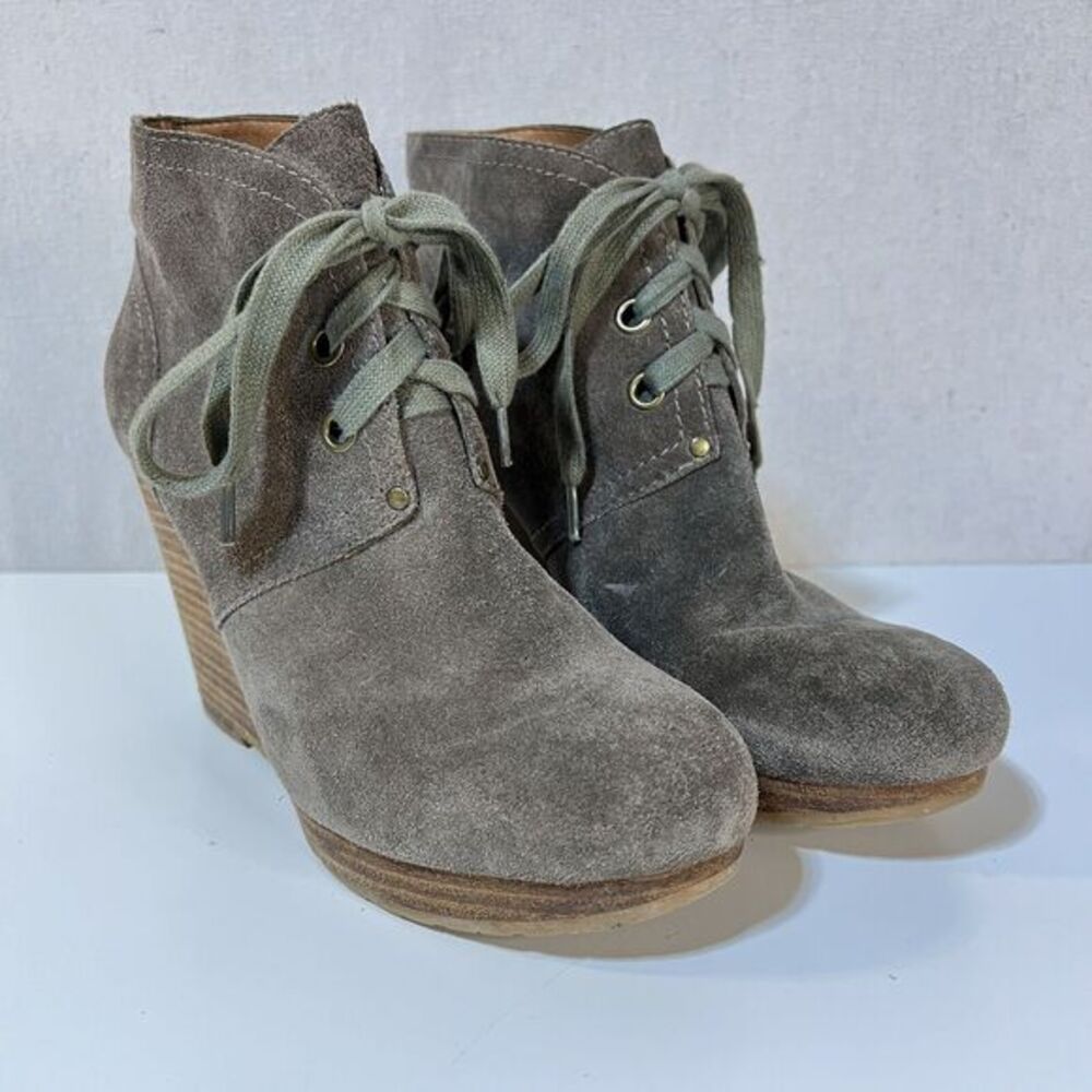 Lucky Brand Norice Wedge Booties Womens 9 Grey Suede Lace Up Boho Wood Heel